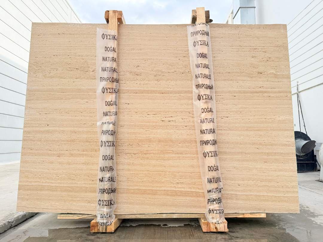 Strata Linear Travertine Raw travertine slab in Semi White