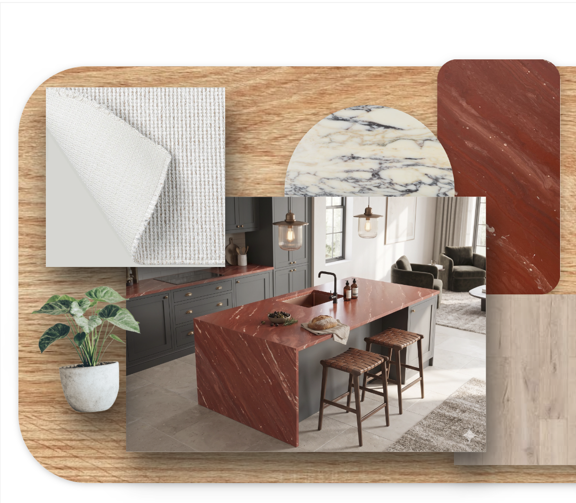 Wood and tile combined with textiles on one board